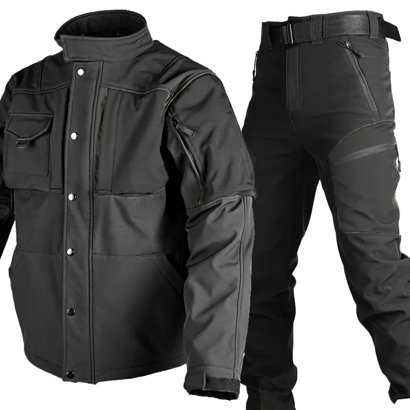 Men's Autumn and Winter Outdoor Hiking and Fishing Soft Shell Tactical Jacket Shark Skin Assault Suit Tactical Pants Waterproof