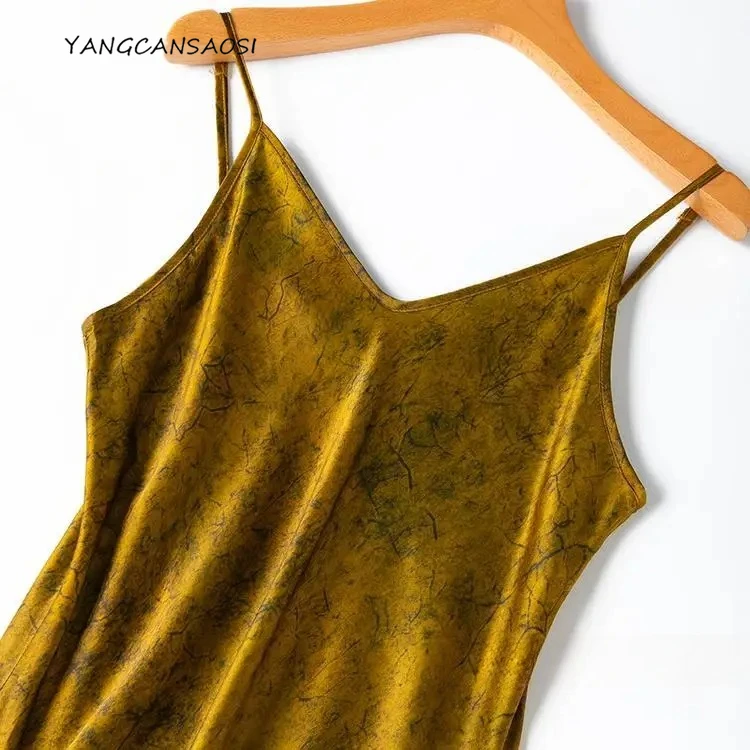 

2025 Women's Fashion Evening Dress Gilded Gold Slant Cut 21MM 100% Natural Mulberry Silk Plain Satin Casual V-neck Strap Skirt