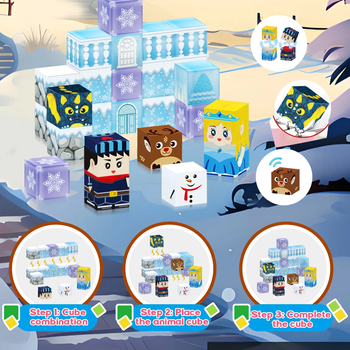 Conjunto de blocos magnéticos de caixa de ferro infantil, brinquedos magnéticos de empilhamento de castelo de gelo e neve, brinquedos de construção gratuitos, brinquedos de quebra-cabeça infantis