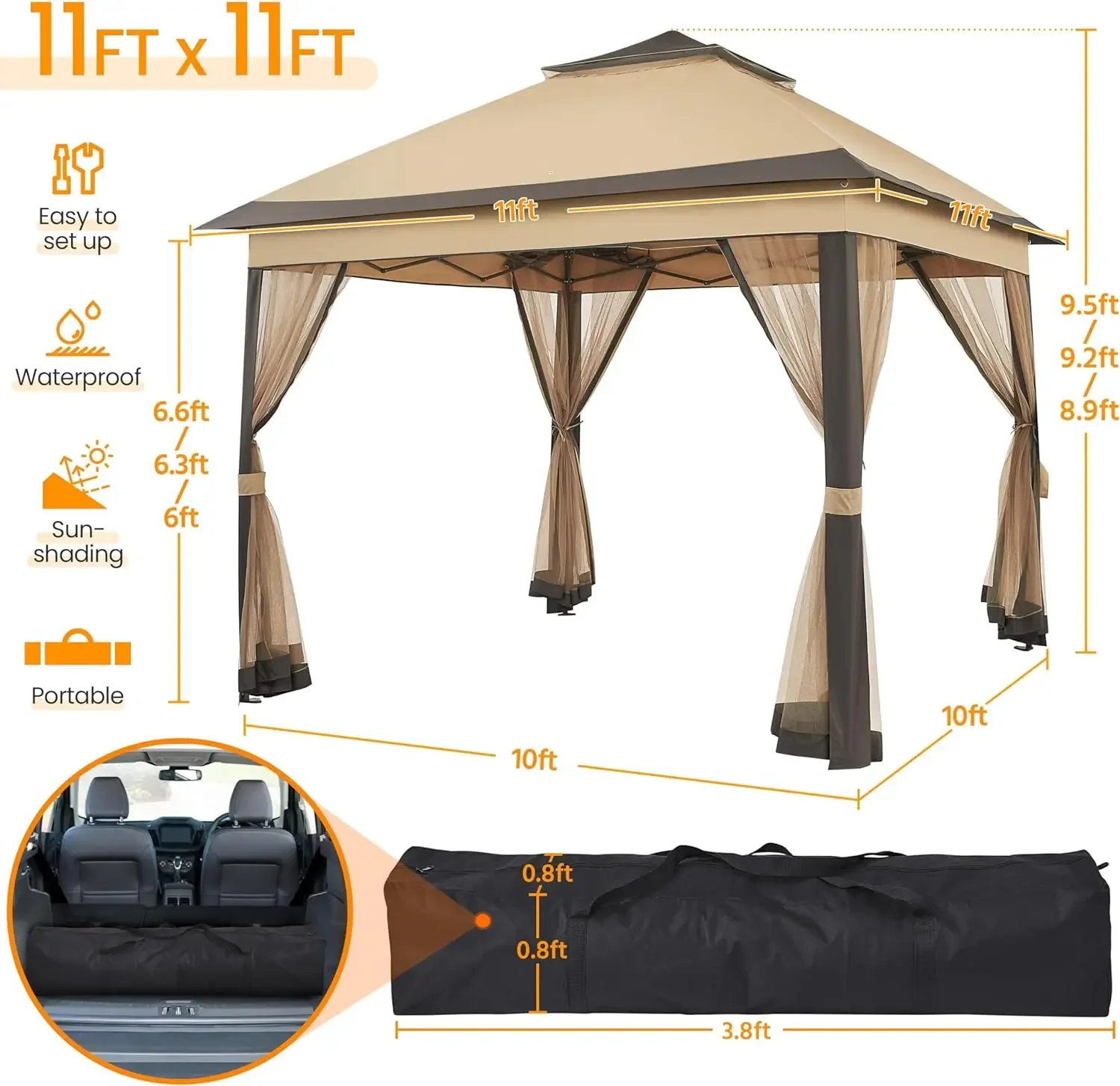 Pop Up Gazebo kanopi luar ruangan, Gazebo instan, tenda kanopi naungan matahari dengan 4 kantung pasir, tingkat ganda & jaring jaring