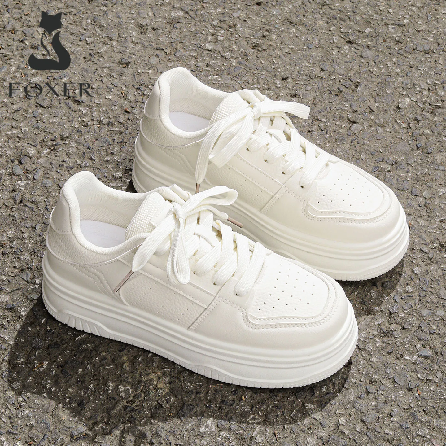 FOXER Brand Women Platform Sneakers PU Leather White Lace Up Casual Board Shoes Breathable Non-slip Ladies Sports Footwear