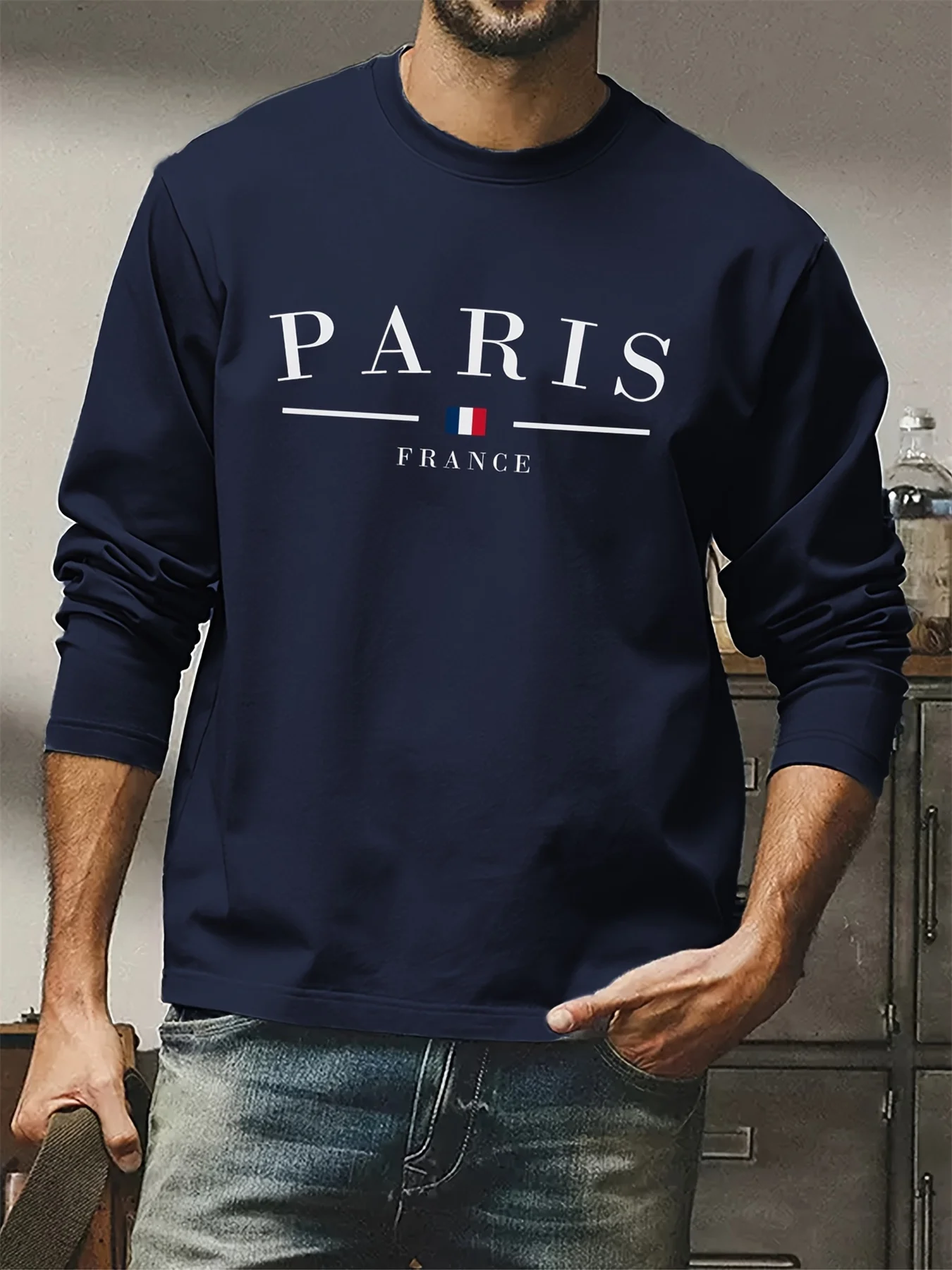 Camiseta de manga larga con cuello redondo y estampado de París Francia para hombre, 100% algodón, cómoda, informal, primavera y otoño