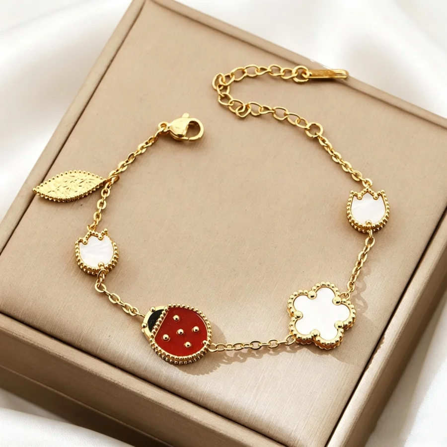Cute Ladybug & Flower Charm Stainless Steel Bracelet White Acrylic & Red Enamel Sweet Y2K Jewelry For Women Daily & Party Wear