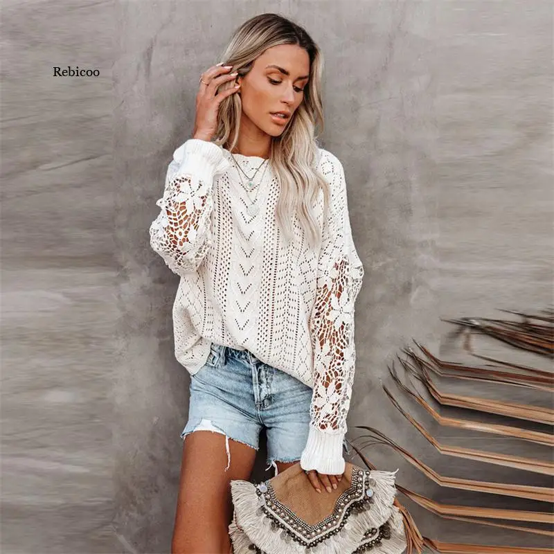 

O Neck Knitting Sweaters Womans New Splicing Long sleeved Top Women's Elegant Spring Clothes femme Sexy Lace Hollow Out Pullover