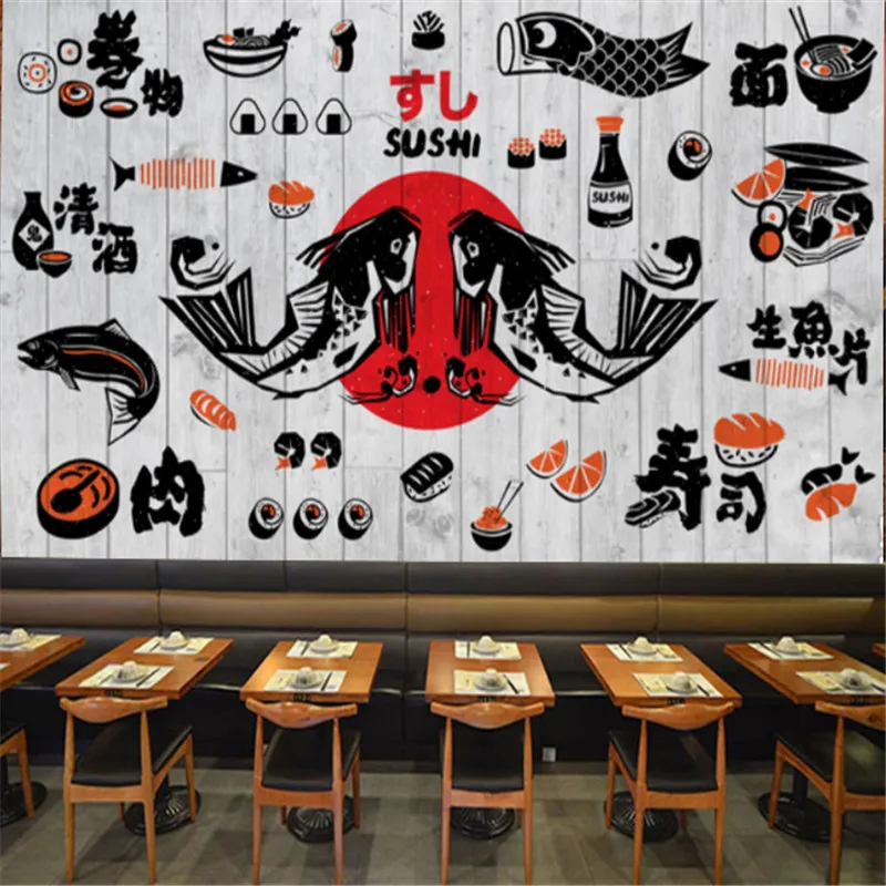 3D Mural Japanese Cuisine Wallpapers Industrial Decor Sushi Restaurant Wood Grain Background Wall Paper Decoration Painting