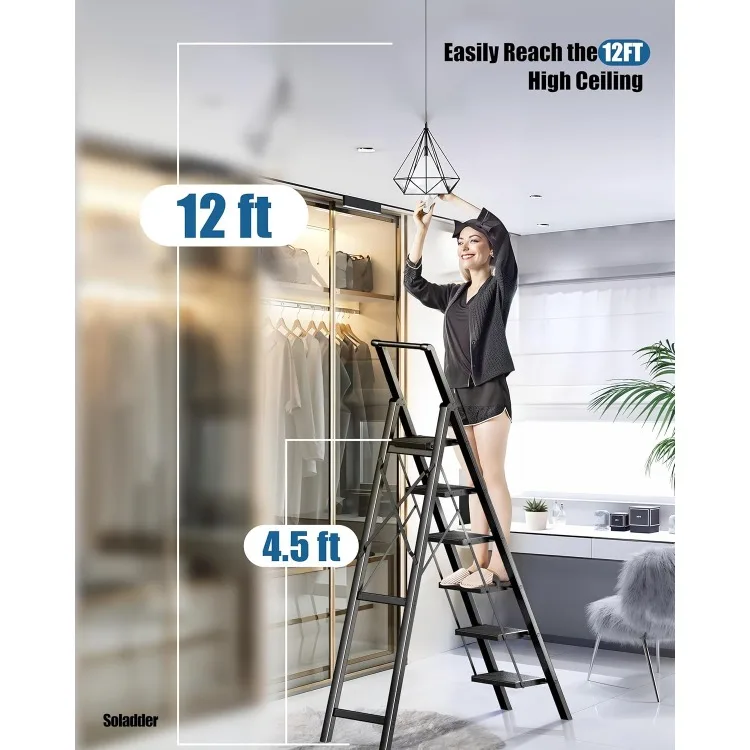 6 Step Ladder for 12 Feet High Ceiling, Folding Step Stool with Handgrip & Anti-Slip Wide Pedal, Portable Lightweight Aluminum