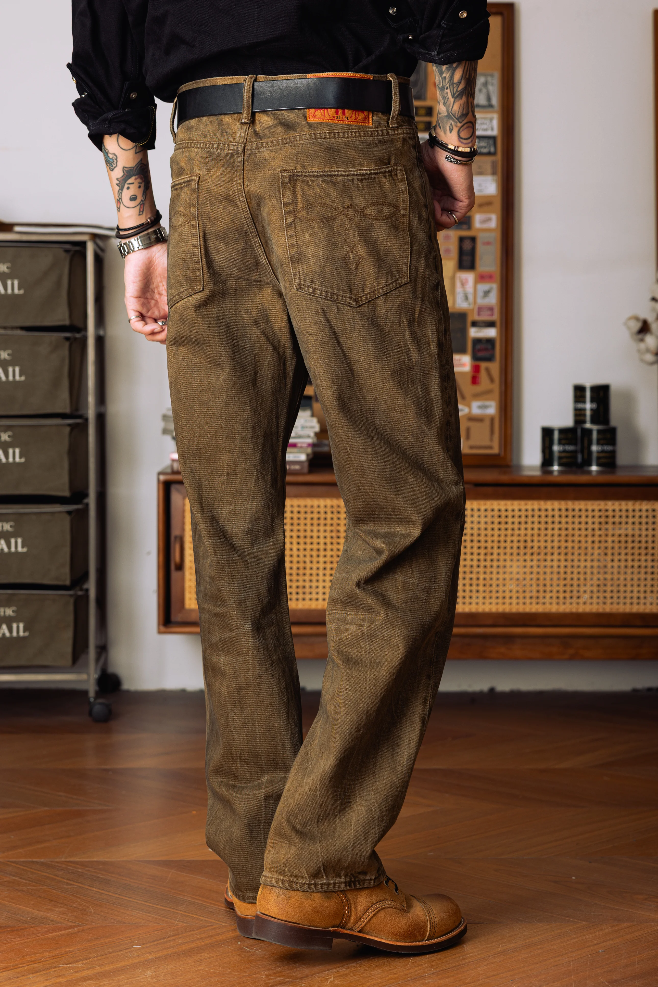 RL5PK-0002 Red Tornado 14oz Button Fly Straight Fitting Raw Denim Jeans Super Quality Goat Leather Indigo Selvage Washed Pants
