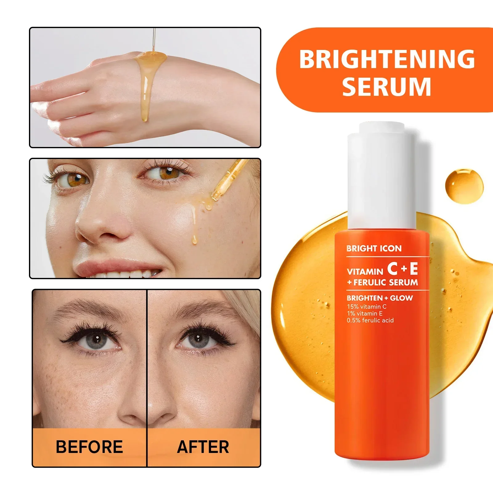 Sérum de Vitamina C+E 30ml - Para Bolsas e Olheiras, Hidrata, Aumenta o Colágeno, Anti-Envelhecimento, Firmador e Clareador, Tônico Antioxidante.