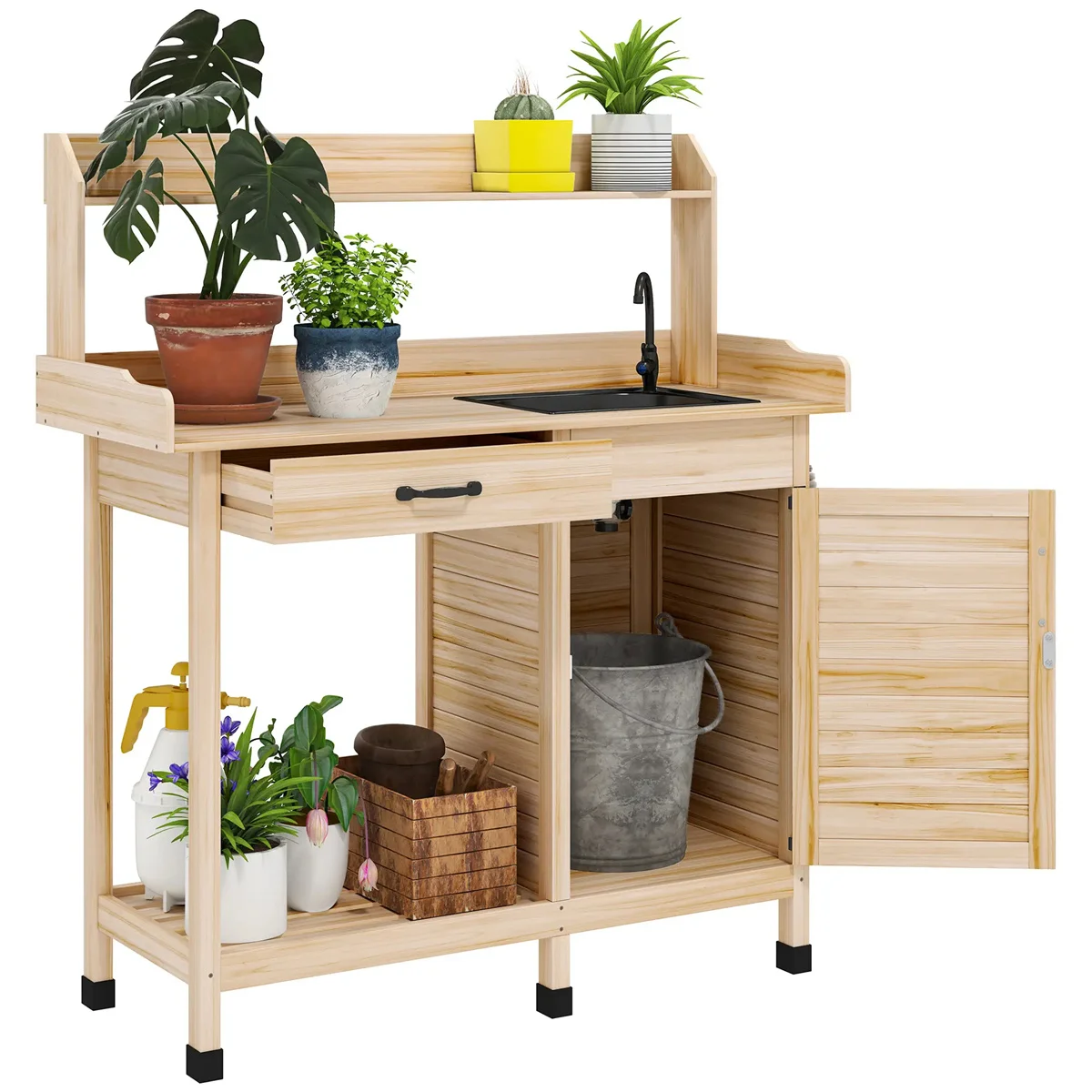 

Natural Wood Outdoor Potting Bench with Storage Cabinet,Sink and Faucet ,Hooks