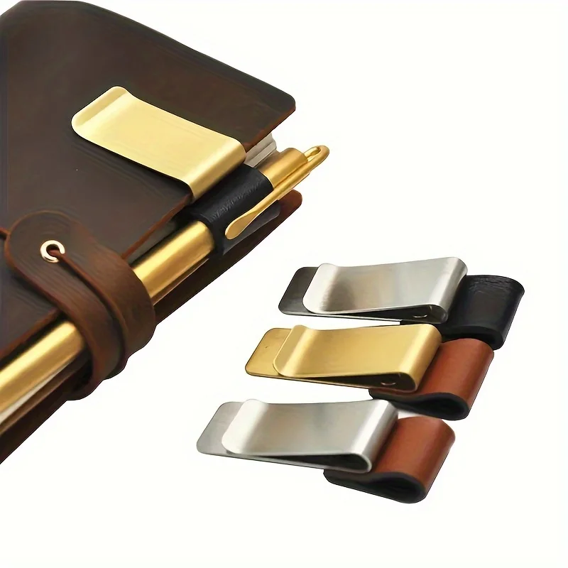 4Pcs Faux‑Leather Pen Holder Stainless Steel Pen Clip Travel Notebook Accessories Journal Loose‑leaf Notebook Office Supplies