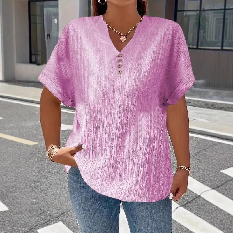 2026 Summer Women Casual Solid Color Button V Neck T Shirt Fashion