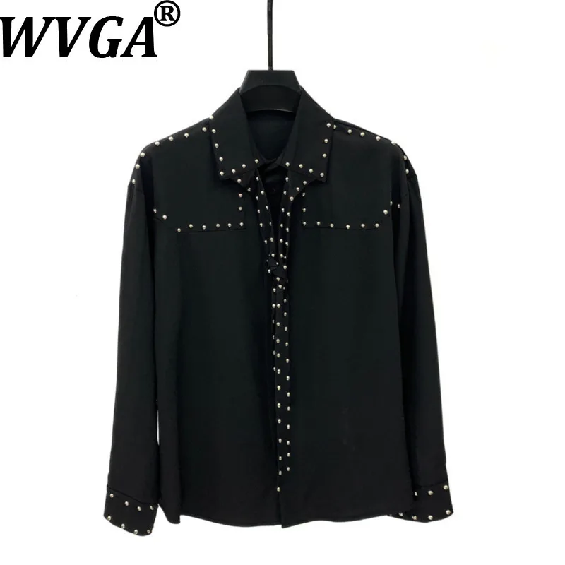 

WVGA Spring Autumn New Man Tide Rivet Trendy Design Long Sleeved Shirts Niche Chic Casual Turn-Down Collar Patchwork Tops W13872
