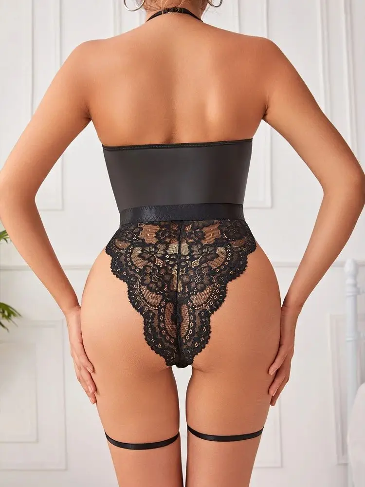 S-XXL Deep V-neck Faux PU Leather Bodysuit Lace Patchwork Transparent Swimsuit High Cut Sukumizu Tight Sexy Body Teddies Leotard