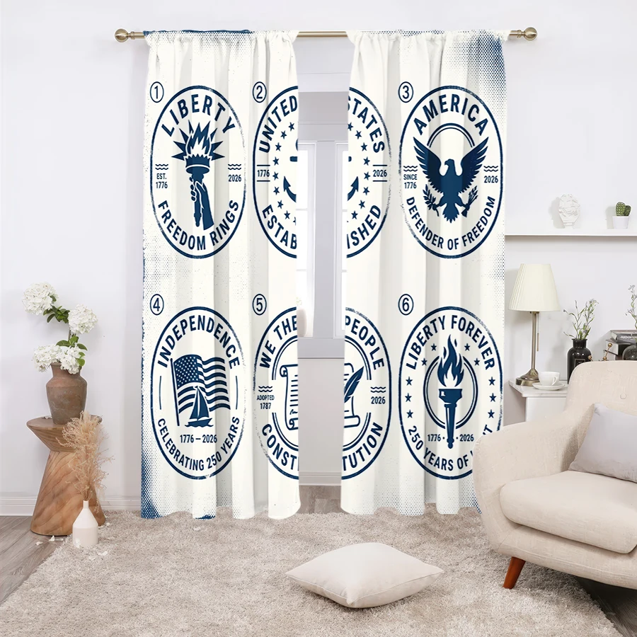 2PCS Curtains, Vintage American Postmark With Liberty Torch, Anchor, Bald Eagle, US Flag and Constitution Scroll Pattern Print,