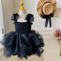 Summer Princess Party Tutu Dress With Bow Strap Baby Mesh Clothes Short Sleeve Kids Birthday Skirt Toddler Girls Tulle Dress 1-6