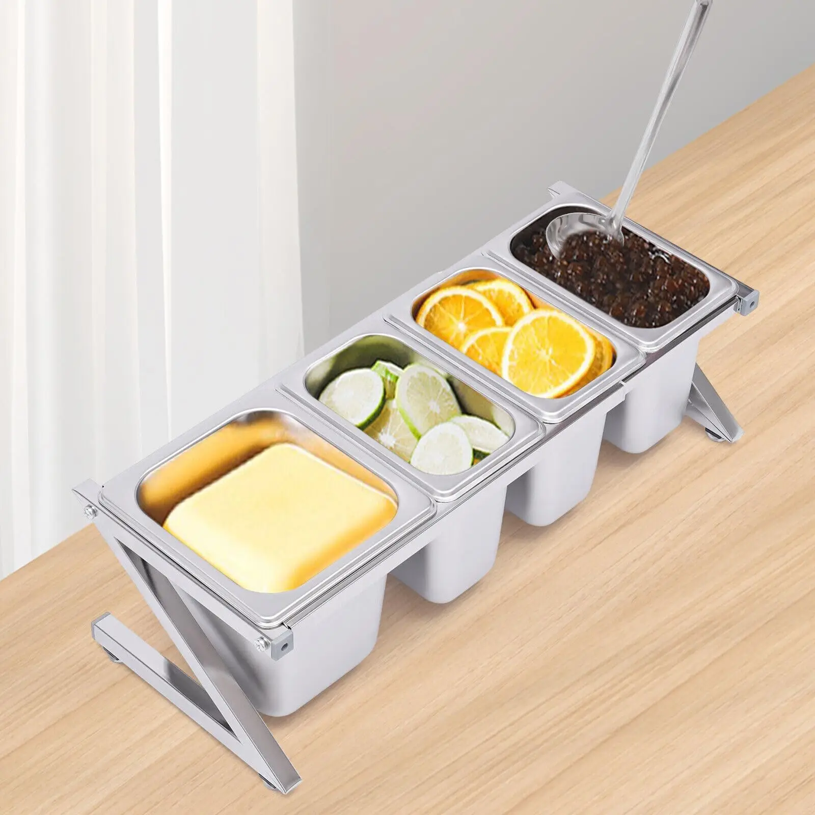 ピザトッピングステーション（4つのパンと蓋付き）、ステンレス製食品容器パン、調味料ディスペンサー、カウンタートップスパイスラックオーガナイザー