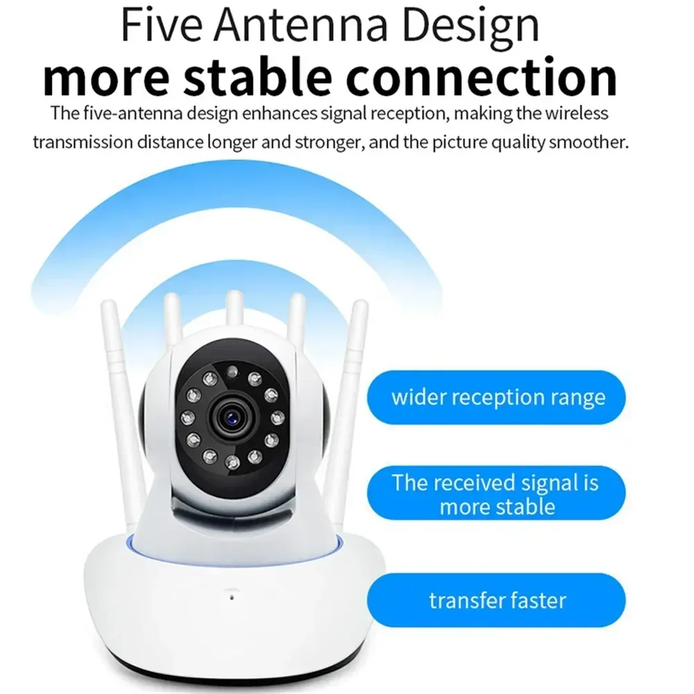 Telecamera WiFi a 5 antenne - Sicurezza domestica HD a colori 360 °   Baby monitor con webcam di sorveglianza