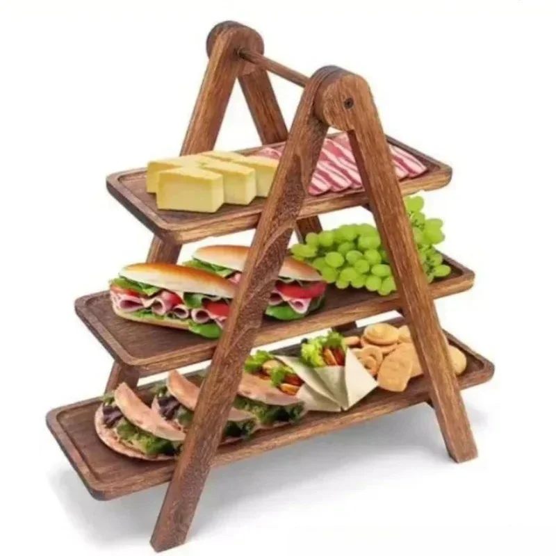 3-Tier Wooden Serving Tray Acacia Wood Tiered Food Display Rack for Desserts Appetizers Cheese Sandwiches Perfect Party Decor