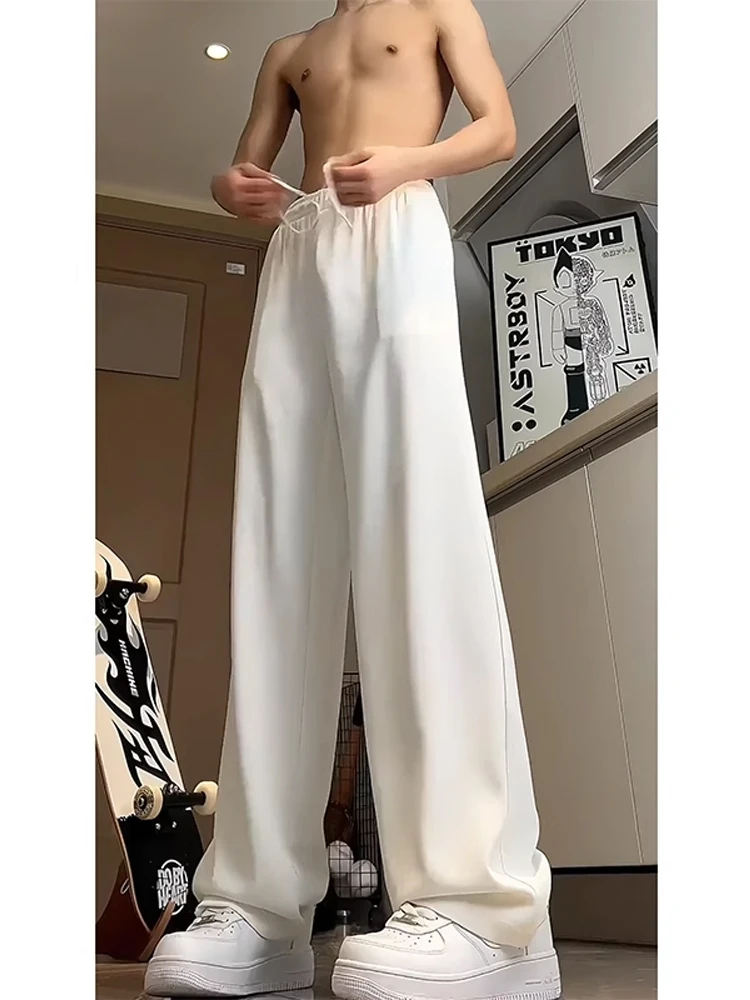 

White Ice Silk Extended Length Men's Dress Pants High Waist Straight Leg Anti-Wrinkle Summer Casual Fashion Trousers