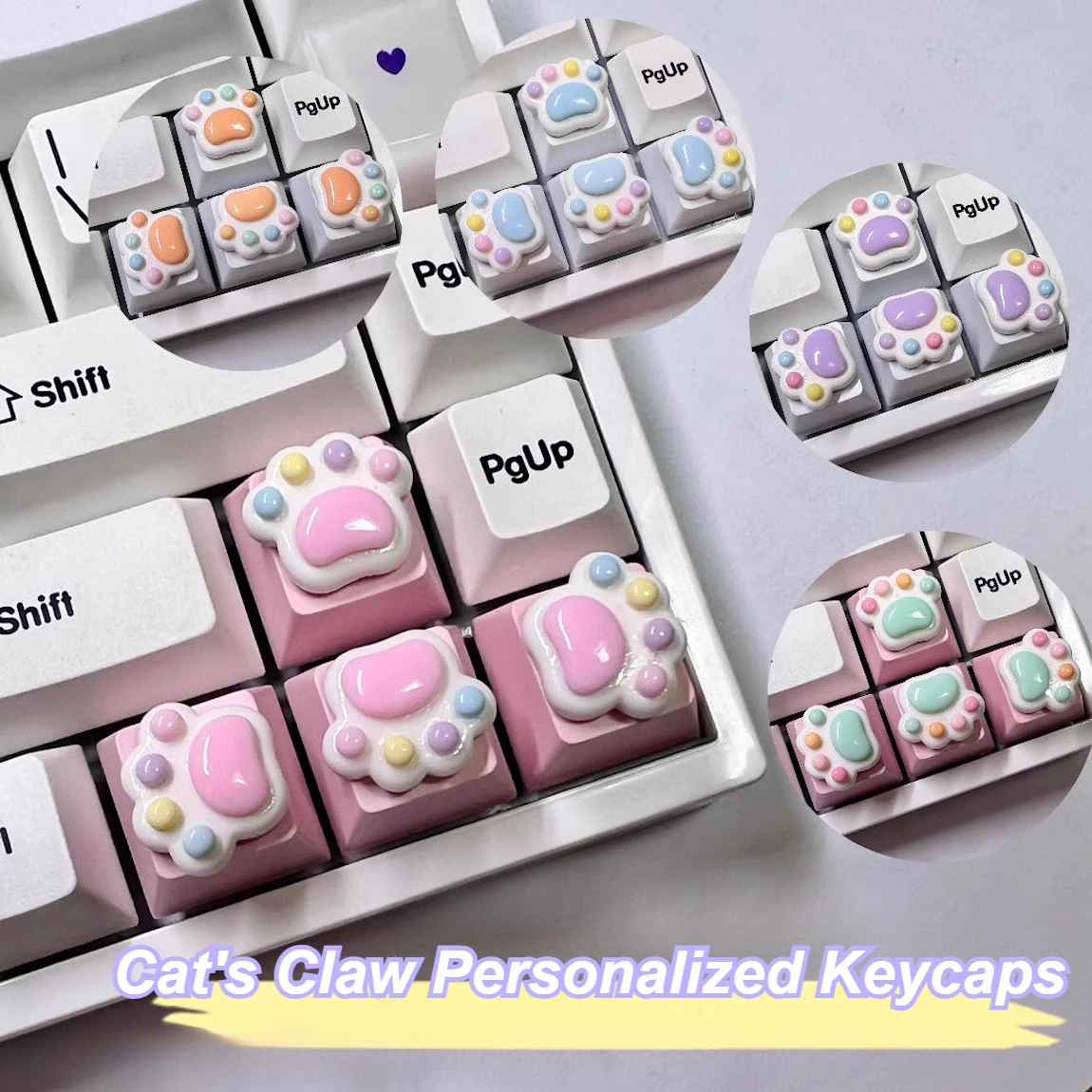 Colorful Cat Claw Keycap 4Pcs/set Cartoon Cute Cat's Paw Keycaps for Cross Axis Mechanical Keyboard WASD Arrow Keys Decoration