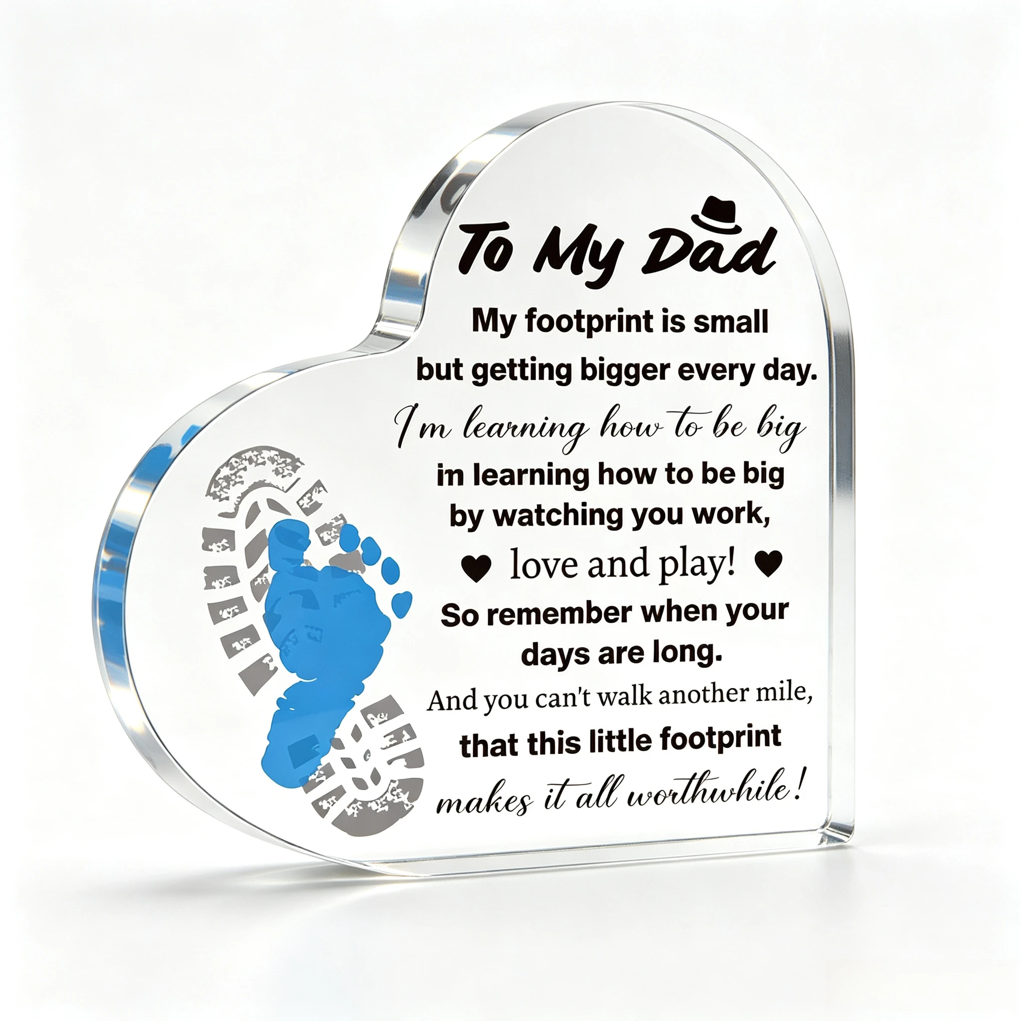 To My Dad Heart‑Shaped Acrylic Tabletop Plaque, Child Footprint Father’s Day Sentimental Desk Keepsake Gift
