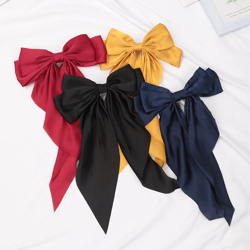 Elegant Bow Ribbon Hair Clip for Women Fashion Solid Satin Black Clip Simple Hairpin Headband with Clips Girls Hair Accessories