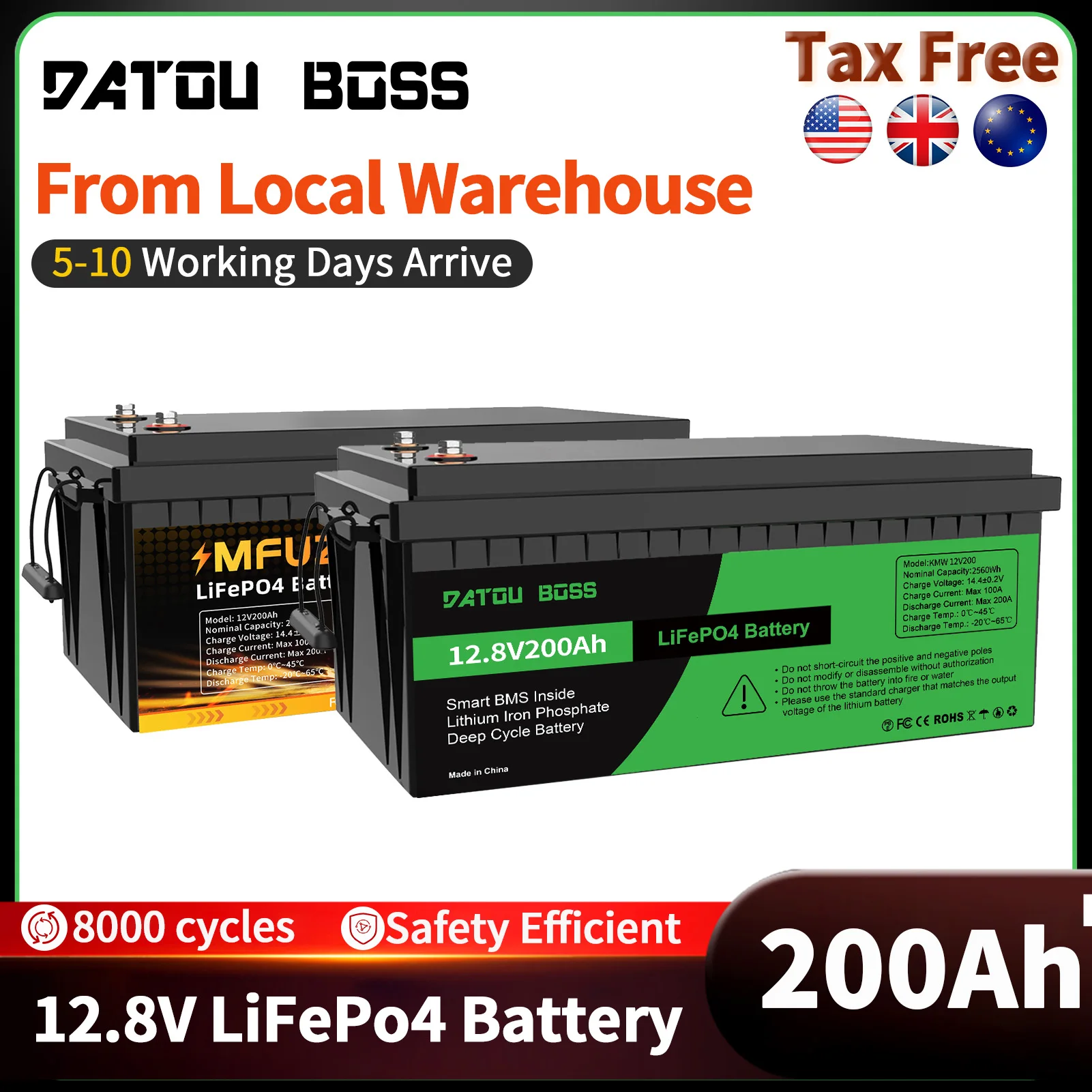 MFUZOP LiFePO4 200Ah 12V Lithium Battery with Over 10 Years Life and Max. 15000 Cycles, 2560Wh Load Performance, 100A BMS