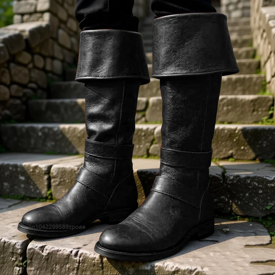 Vintage Pirate Fold Over Cuff Knee High Boots Medieval Renaissance Cosplay Cowboy Shoes Halloween Party Stage Dress Up Bootes