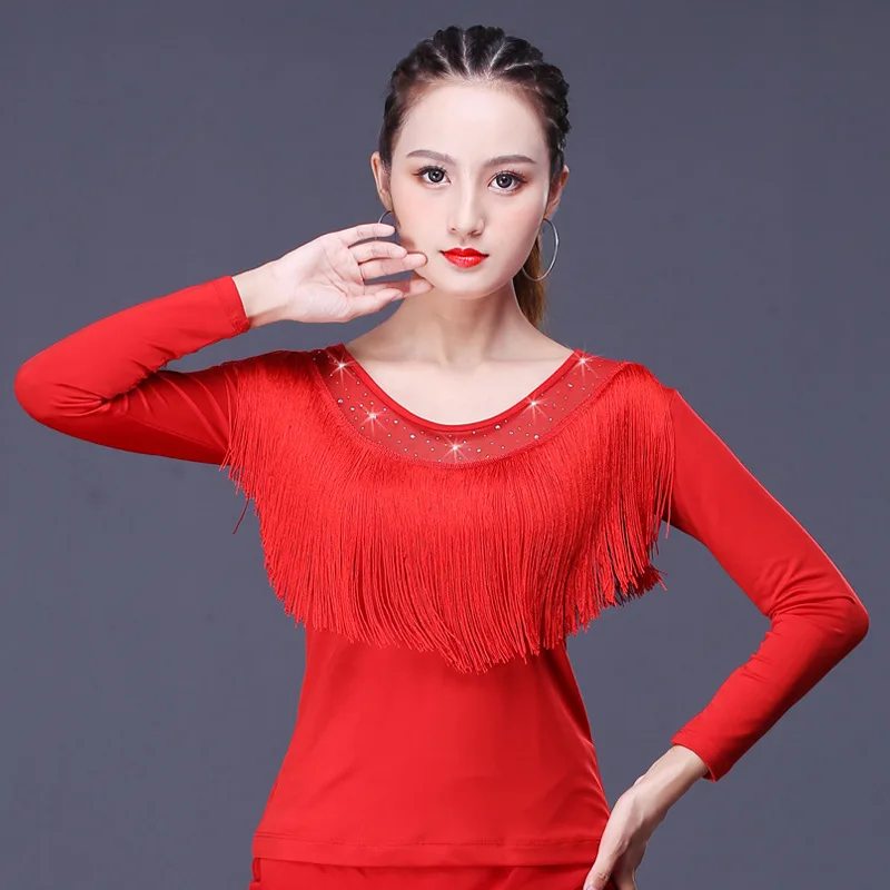 Adult Latin Dance Costumes Women Ballroom Dancing Tassel Top Starry Night Diamond Dancewear Practice Stage Competition Clothes