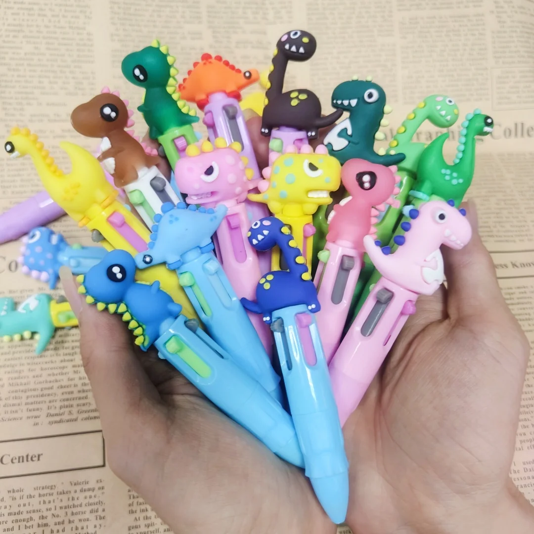 

10 шт./лот, мини-четырехцветная шариковая ручка с милым мультяшным динозавром, кавайные однотонные ручки, школьные и офисные канцелярские принадлежности, подарки для детей