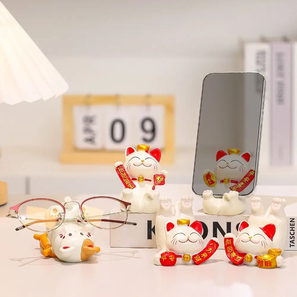 

Figurine Miniature Items Lucky Cat Phone Holder Chinese Style Exquisite Animal Mobile Phone Stand Resin Crafts Realistic