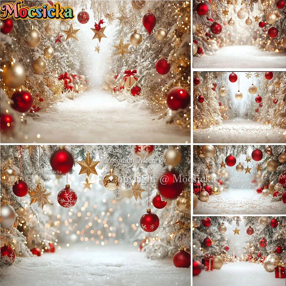 Mocsicka الذهبي عيد الميلاد العجائب الغابات خلفية التصوير الفوتوغرافي كرات عيد الميلاد الحمراء ندفة الثلج خلفية الشتاء الاطفال عيد ميلاد الصورة