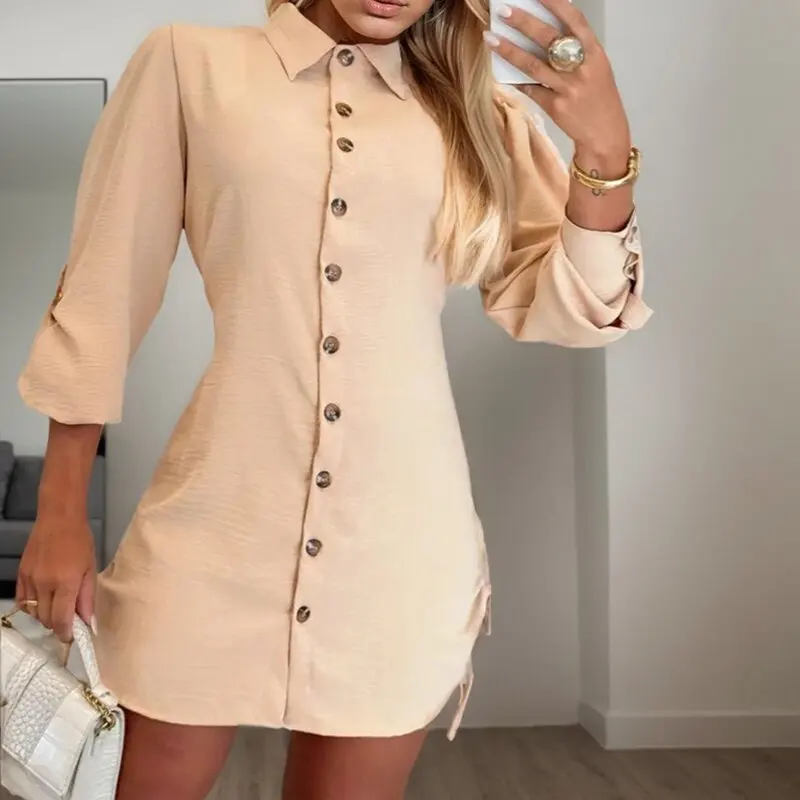 Summer Women's Shirt Dress Fashion Casual Solid Color Single Breasted Turn-down Collar Drawstring on Both Sides Short Skirts