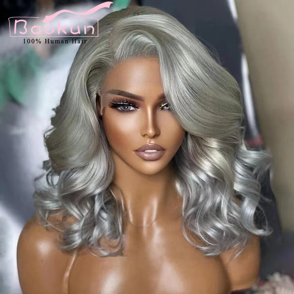 Side Part Grey Body Wave Lace Front Wig 360 Colored Human Hair Lace Frontal Wig 13x6 Short Bob Wig Lace Front Human Hair Wigs