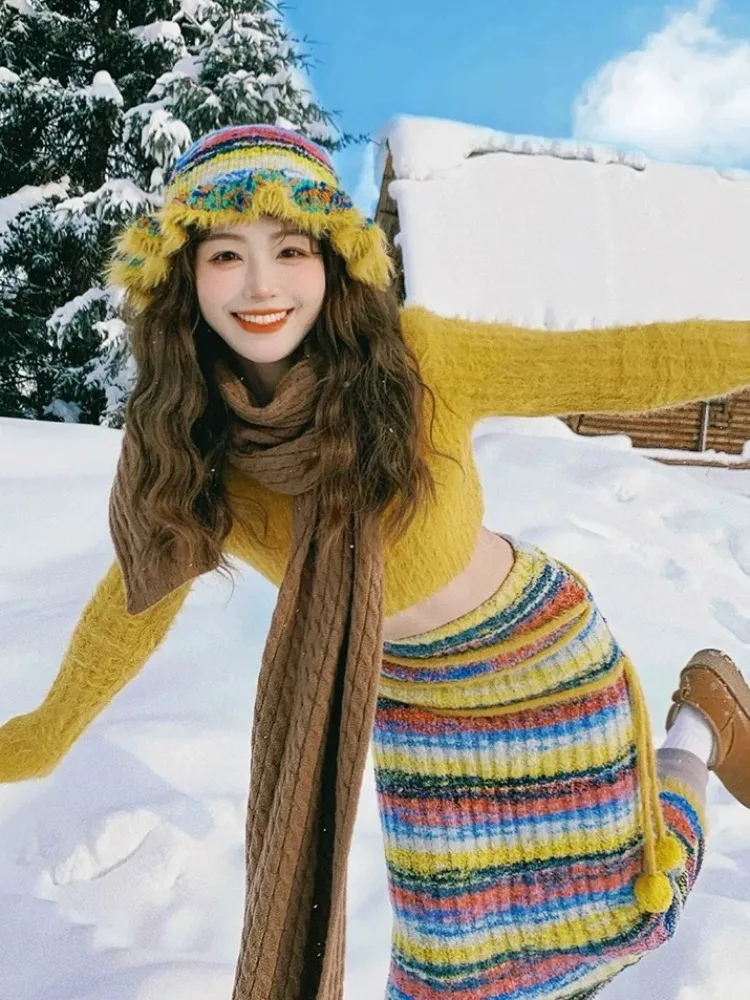 

Warm Knitted Long Sleeve Sweater Women's Dopaamine Slim Fit Half Skirt High-End Long Dress Autumn Winter Set Rainbow Stripe