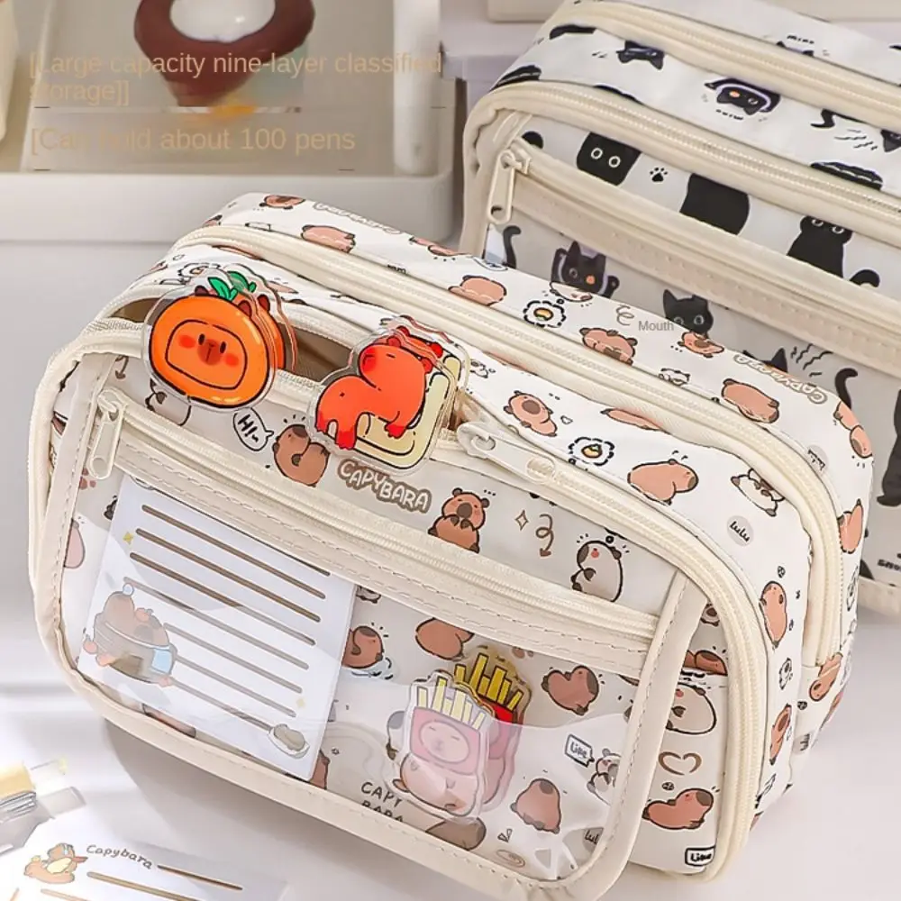 

Multi Layer Capybara Stationery Bag Large Capacity Transparent Pocket Capibara Pencil Bag Flip Cover Black Cat Cartoon Pen Pouch