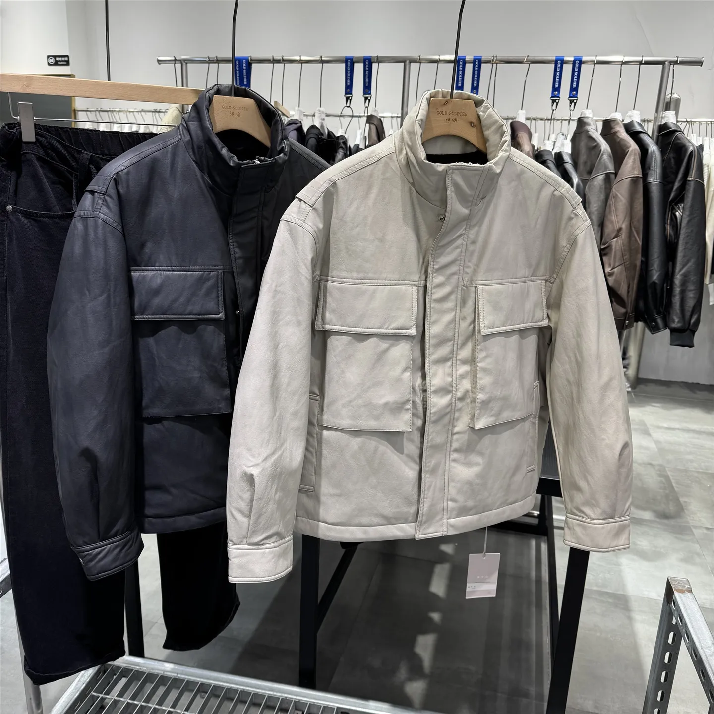 الرجال الدفء بو الجلود Jaet أسفل معطف الوقوف طوق دراجة نارية Sle الشتاء Thiened Faionable Cleanfit سستة إغلاق #2