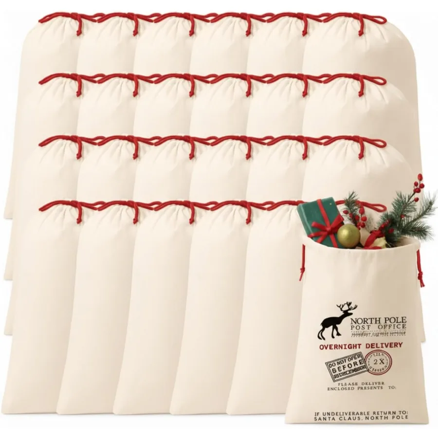 

24 упаковки сулимации Сантагей Кроссовки Большие многоразовые хлопковые холщовые сумки-шнурки 26,8 x 18,9 дюйма, рождественские подарочные пакеты для олидей