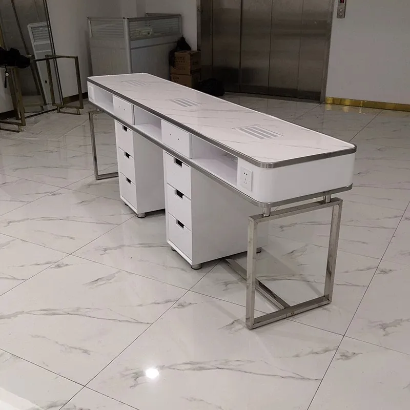 Wholesale Salon Furniture Double Table 2 Seats White And Gold Nail Table Manicure Desk With Vacuum