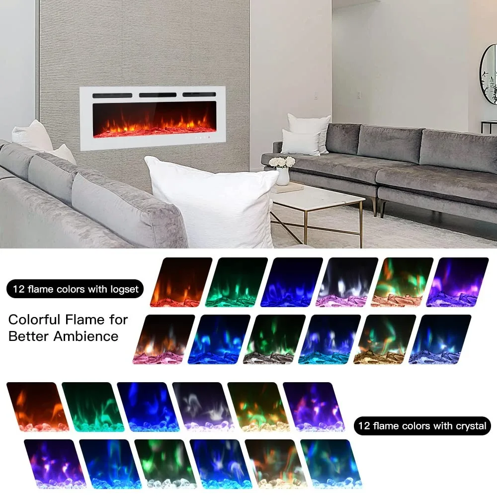 40 inch Electric Fireplace Inserts Freestanding Heater for Living Room, Floating Fireplace with 12 LED Colors,White