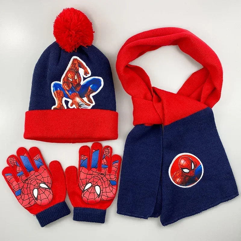 Disney Spiderman Kids Hat Scarf Gloves Three-piece Set Boys Lovely Knitted Woollen Hats Baby Wool Hat Scarf Kawaii Thick Hats