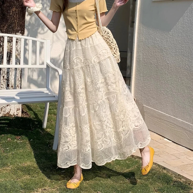 2026 Spring Summer Women Stretchy High Waisted Ruffles Lace Beige Skirt , Woman Fashion A Line Skirts
