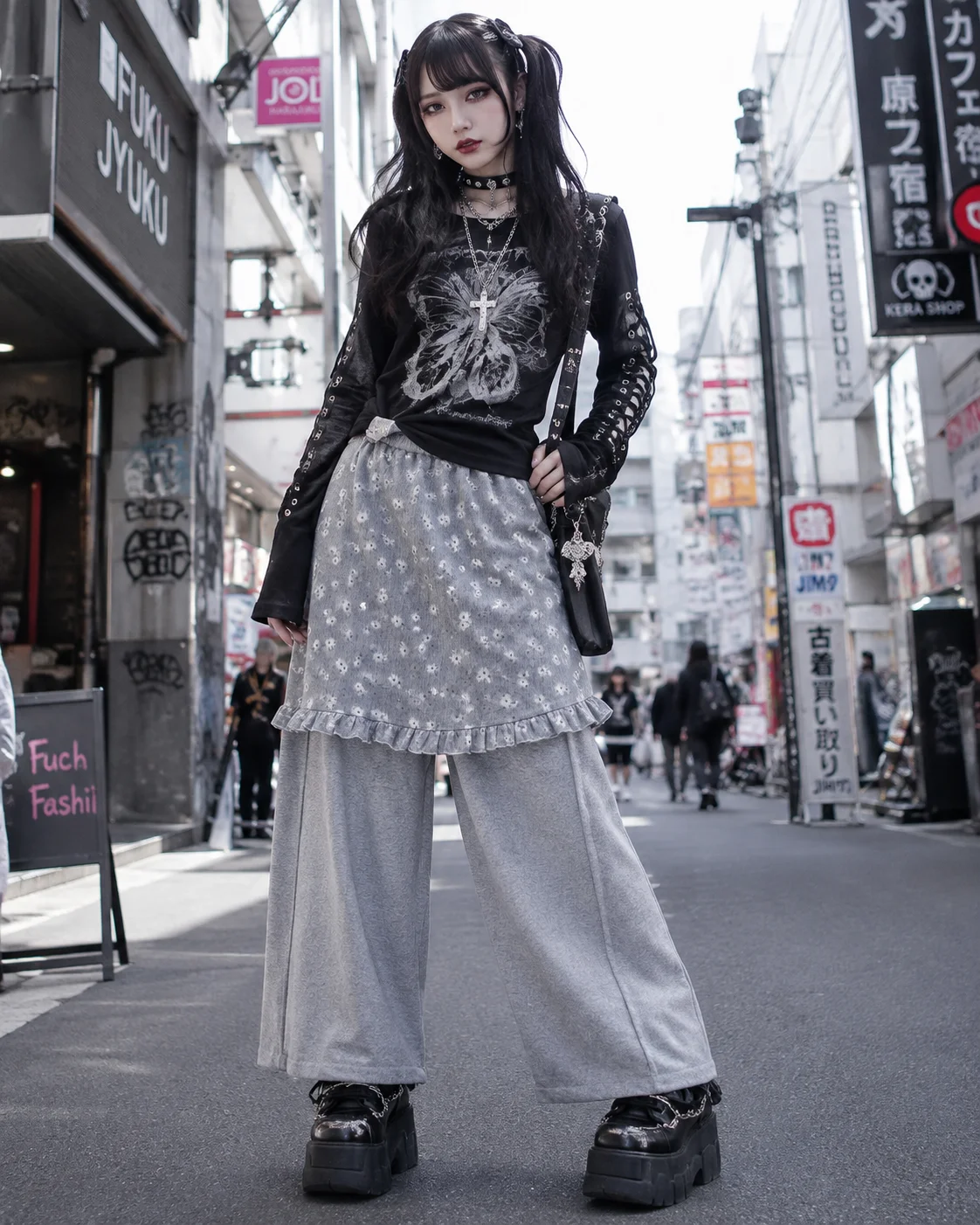 Women 2 in 1 Floral Ruffle Skirt Wide Leg Pants Elastic Waist Loose Thin Straight Sweatpants Korean Cloth Y2K Casual Trousers