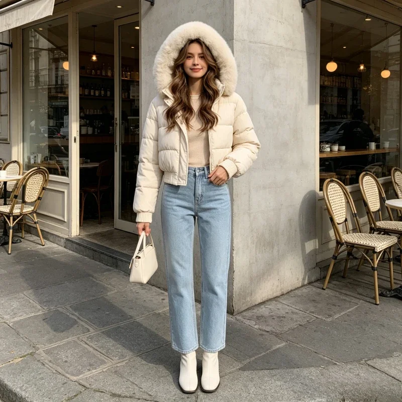 Women Parkas Down Jacket Thicken Warm Windproof Overcoat 2026 Winter Cotton Short Coat Hooded Fur Collar Office Lady Outerwear