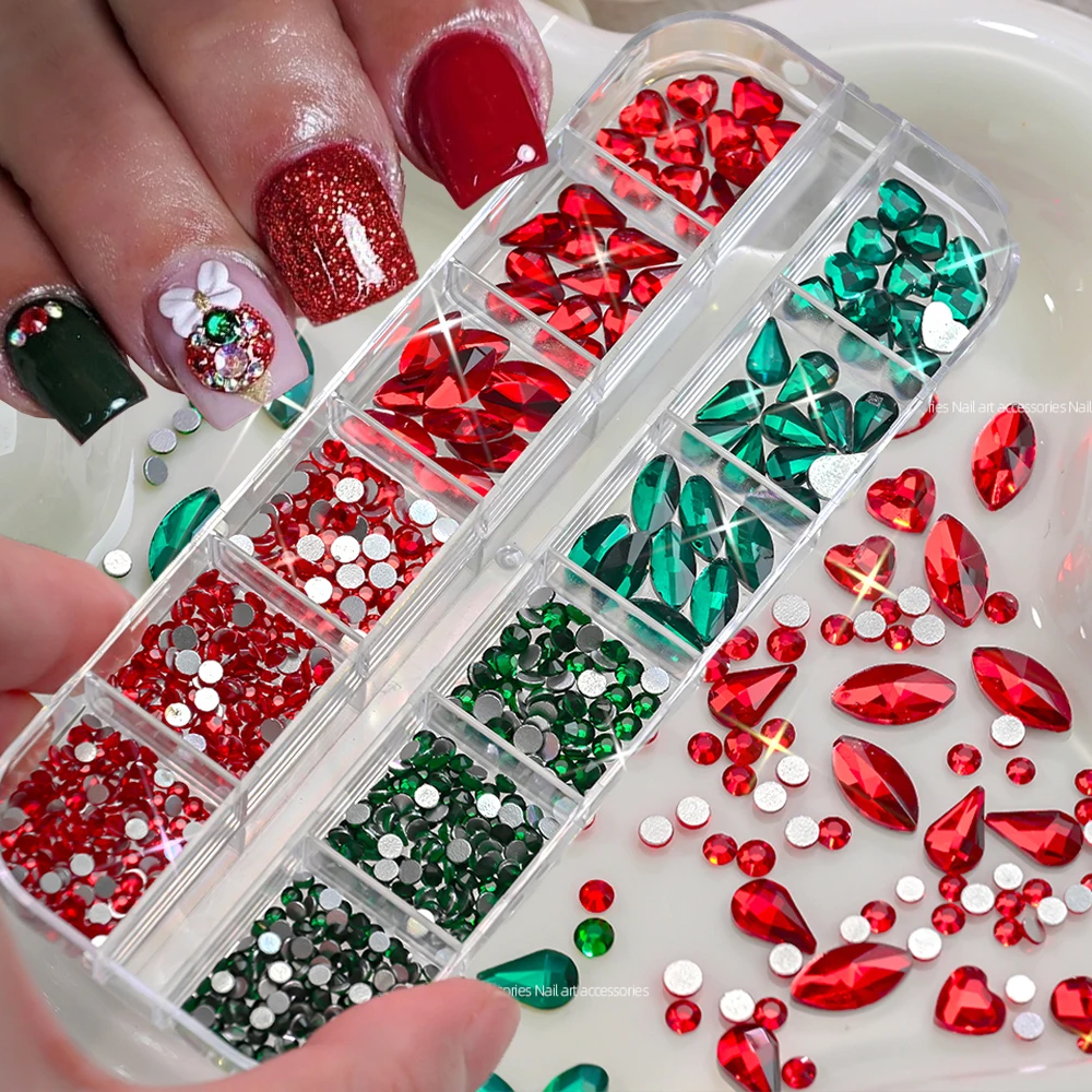 

12Grids Christmas Glass Nail Art Rhinestone 3D Red Green Round/Heart/Horse Eye/Water Drop Crystal Nail Jewelry Xmas Nail Gem Dec