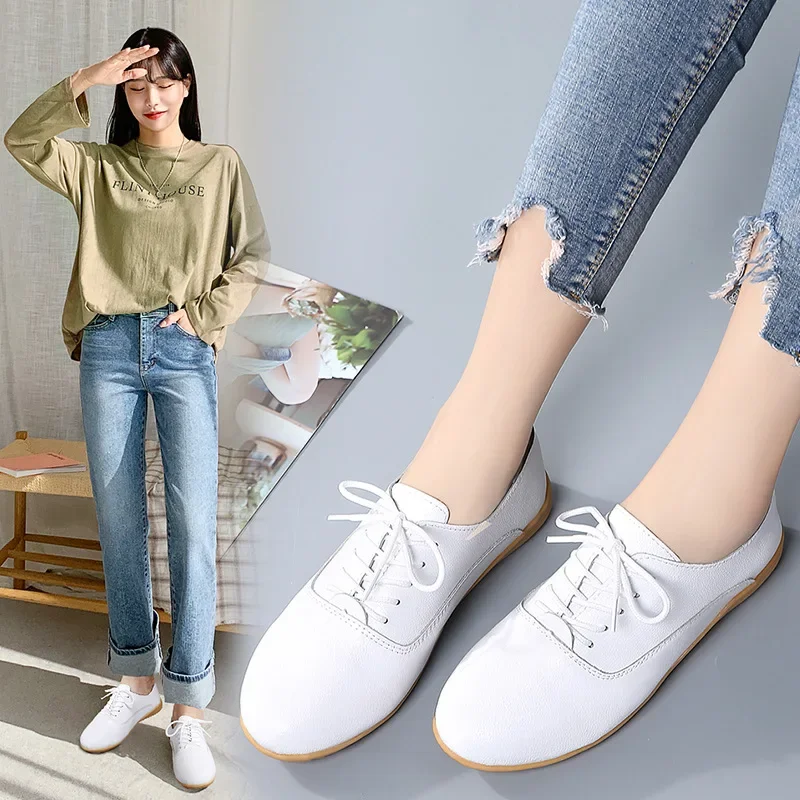 Women Hollow Out Oxford Shoes Girls Ballerina Trainers Soft Sole Flats Genuine Leather Moccasins Lace Up Loafers Summer Sandals