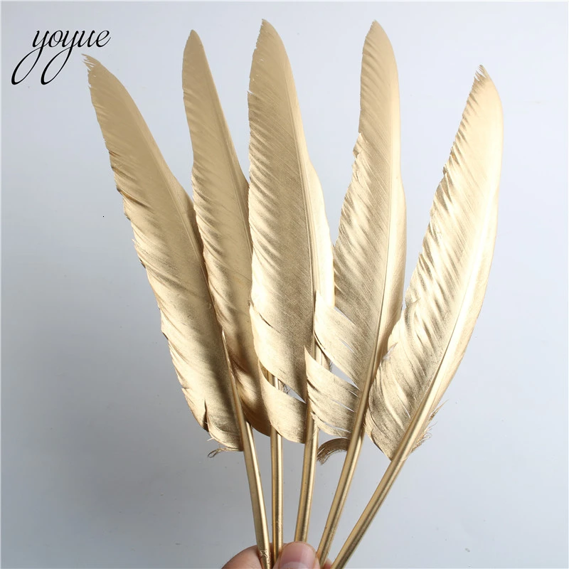 YOYUE 100pcs/lot Spray Gold Goose Feathers For Crafts 12-14inch/30-35cm Feather Clothing DIY Wedding Decoration Plumas