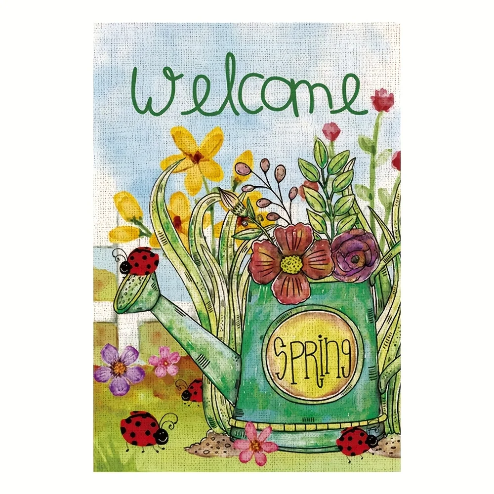1pc Rustic Farmhouse Linen Garden Flag - 12x18 Inch Double-Sided Welcome Spring Yard Flag with Ladybug Design