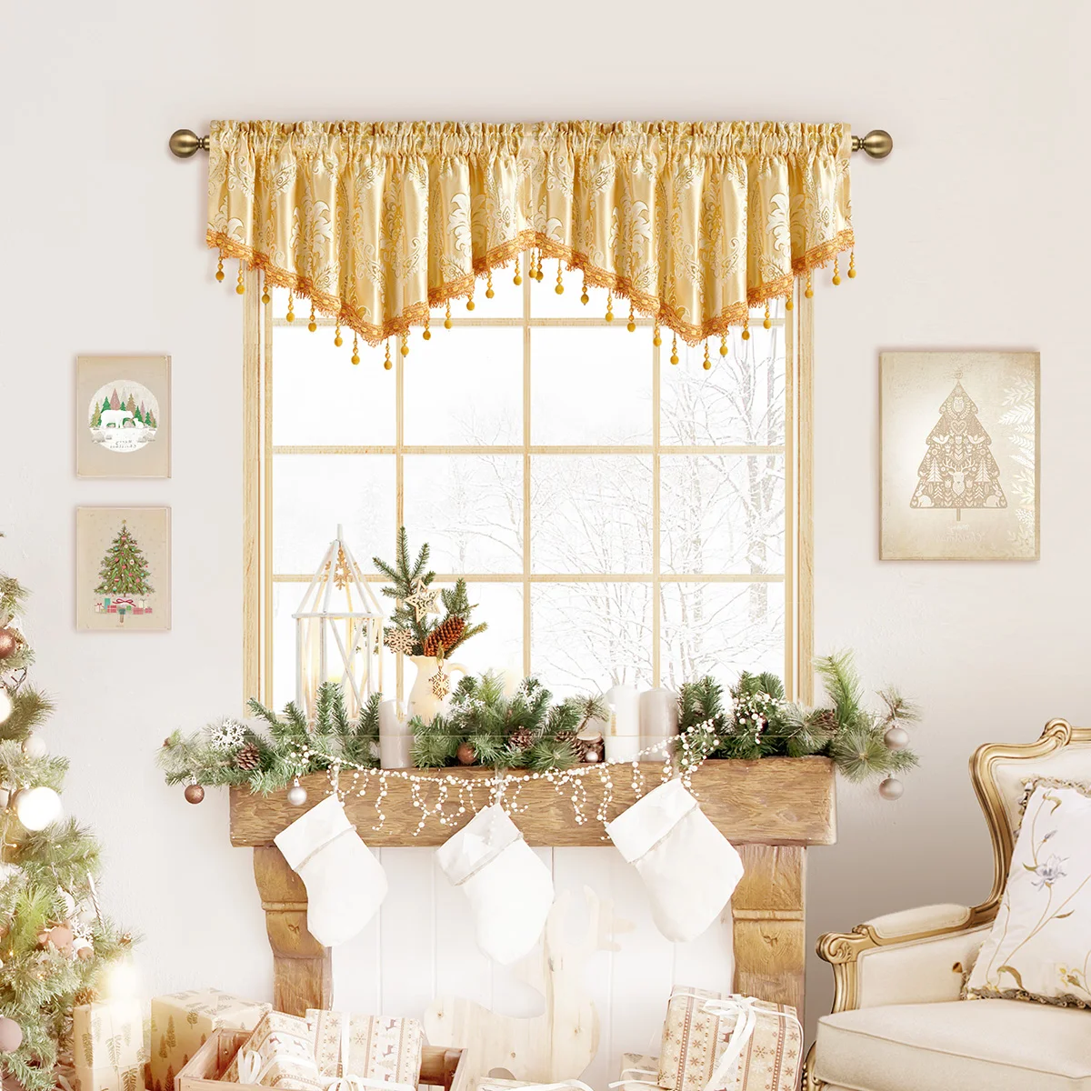 

1pc European Luxury Style Curtain Valance，Rod Pocket，Jacquard Fabric Window Short Curtain with Bead Edges for Living Room