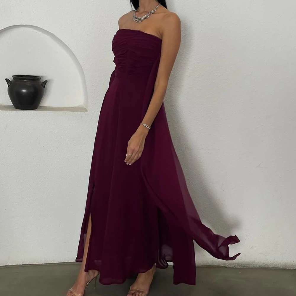 

Customized Chiffon A-Line Ribbons Evening Dress Strapless Sleeveless Floor Length Side Slit Watteau Train Solid Color Formal